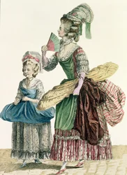 Tyylikäs ompelija toimittaa töitään, lautanen "Galeries des Modes et Costumes Francaisista", kaivertanut Dupin, 1778